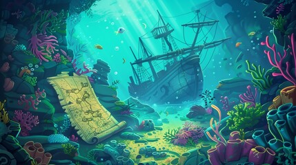 Underwater Scene with a treasure map