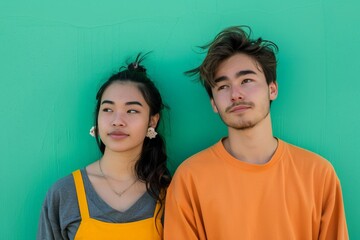 Obraz premium Casual Young Couple Against Turquoise Wall. Generative AI.