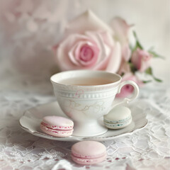 A white cup with pink and blue macarons on a lace tablecloth