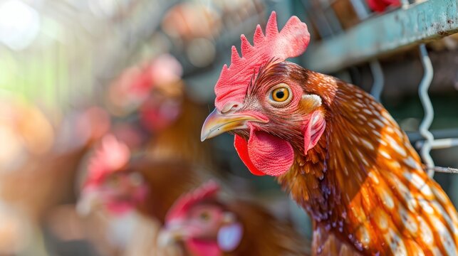 Close up view of red feather broiler rooster chicken inside modern chicken farm cage.