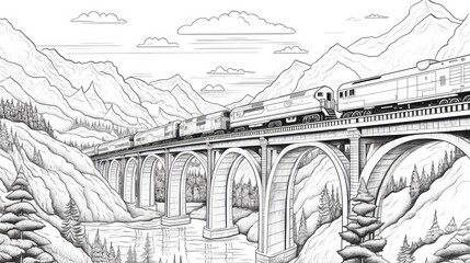 Train on Bridge Sketch 🚂 Vintage Train Crossing Bridge Illustration ✏️ Classic Transportation Scene - obrazy, fototapety, plakaty