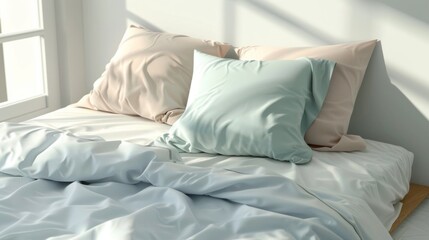 Blank mockup of soft pastelcolored bed sheets on a cozy single bed. .
