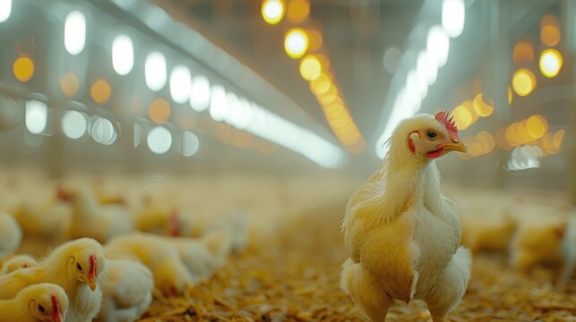 Modern and clean white feather broiler chicken cage, laying hen farming industry.