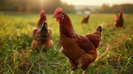 Fototapeta premium Red feather laying hen poultry on traditional rural farm.