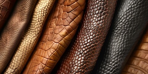 Collection of leather items with different textures and hues. Elegant and refined leather selection