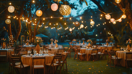 A large outdoor party with tables and chairs set up for guests. The tables are covered with white tablecloths and there are many candles on the tables. Scene is festive and celebratory