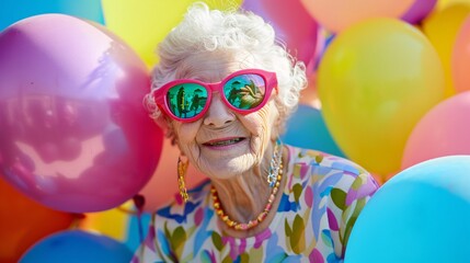 Obraz na płótnie Canvas a happy old woman in colorful sunglasses surrounded by balloons