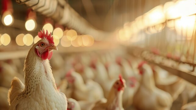 Modern and clean white feather broiler chicken cage, laying hen farming industry.