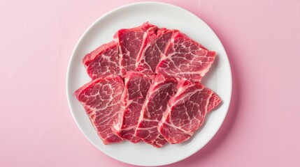 traditional oriental teriyaki beef on white plate isolated pink