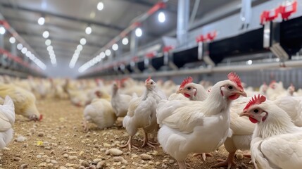 Modern and clean white feather broiler chicken cage, laying hen farming industry.