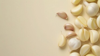 Flat lay white garlic seasoning vegetable for cooking copy space