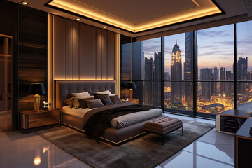  Luxury apartment in Dubai. A black bedroom with Panoramic windows from floor to ceiling with Dubai city view