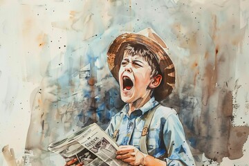 boy selling fake news shouting newsboy against grunge wall social commentary concept watercolor painting - obrazy, fototapety, plakaty