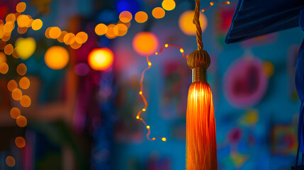 A yellow tassel hangs from a string of lights. The tassel is lit up, creating a warm and inviting atmosphere. The room is decorated with various lights and artwork, giving it a cozy and artistic feel - obrazy, fototapety, plakaty