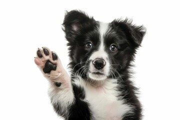 charming border collie puppy with funny expression waving paw isolated on white