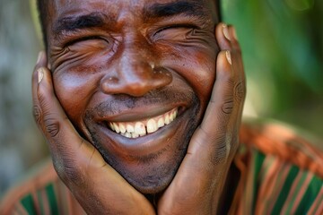 closeup portrait of laughing african man with hands on face positive emotion expression