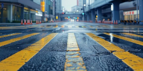 A wet street with yellow and white lines