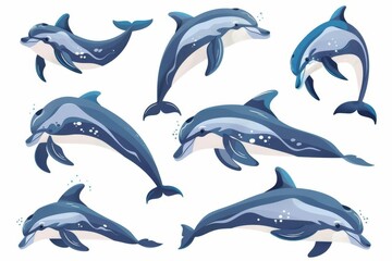 collection of cute dolphins isolated on white background marine animal illustrations
