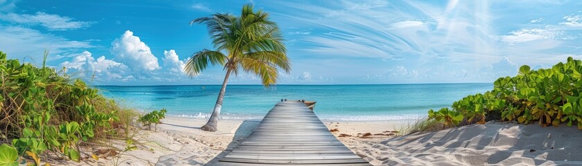 Wooden path leading to a tropical beach with a palm tree