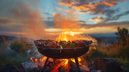 A large skillet with skewers of meat and vegetables on top of a fire. The fire is orange and the sky is a beautiful orange and pink color - Powered by Adobe