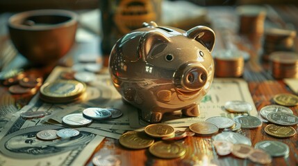 A ceramic piggy bank with a metallic bronze finish is centered in the foreground, positioned on a scattering of US currency that includes coins and paper money. The piggy bank's surface reflects diffu - obrazy, fototapety, plakaty