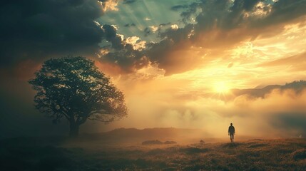 A solitary figure stands in a vast landscape at dawn or sunset, with the orange hues of the sun low in the sky casting a warm glow across the scene. The sun's rays filter through dynamic cloud formati