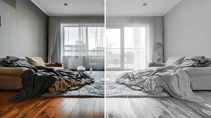 The image showcases a modern living room with a large window that allows natural light to enter. It's a split visual concept; the left half of the photo is in color, and the right half is in black and