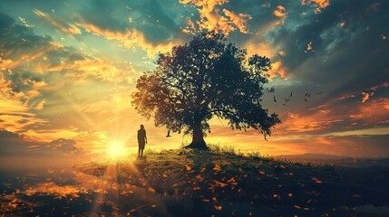 The scene captures a solitary figure standing near a large tree atop a grass-covered hill. The tree's silhouette is detailed against a dramatic sky painted with hues of orange, yellow, and blue at sun