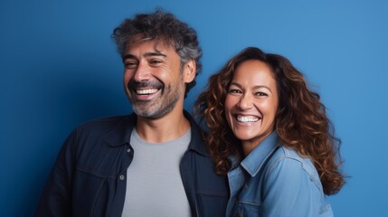 Joyful Mature Couple in Blue Tones. Generative AI.