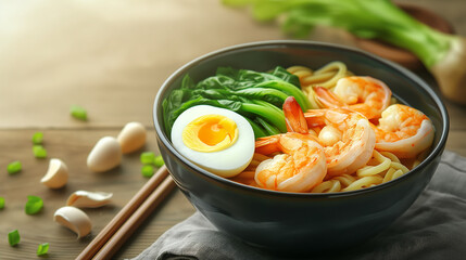 Noodle bowl with shrimp and egg