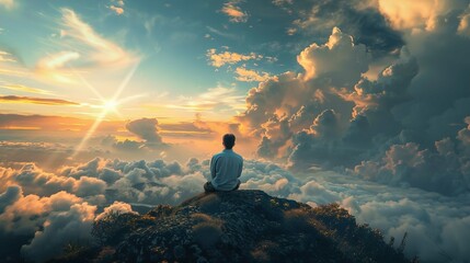 A solitary individual is seated in a meditative pose at the edge of a high peak, seemingly above the clouds. The person's back faces the viewer, and they are wearing a light blue shirt paired with uni - obrazy, fototapety, plakaty
