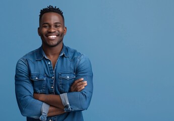 portrait of a happy young black man in denim shirt - Powered by Adobe