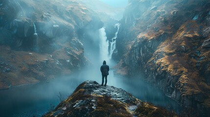 The image captures an individual standing at the edge of a rocky outcrop, gazing out towards a majestic waterfall. The person is wearing a black jacket, jeans, and dark shoes, and is viewed from behin