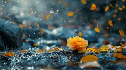 A vibrant yellow rose is centered on a wet, dark rock surface. The rose is fully bloomed and water droplets are visible on its petals, giving it a fresh, dewy appearance. Surrounding the rose are scat - Powered by Adobe