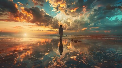 The photograph features a person standing on a smooth, wet beach at sunset. The sky is dramatic, filled with vivid clouds reflecting the orange and blue hues of the setting sun. The sun itself is near - Powered by Adobe