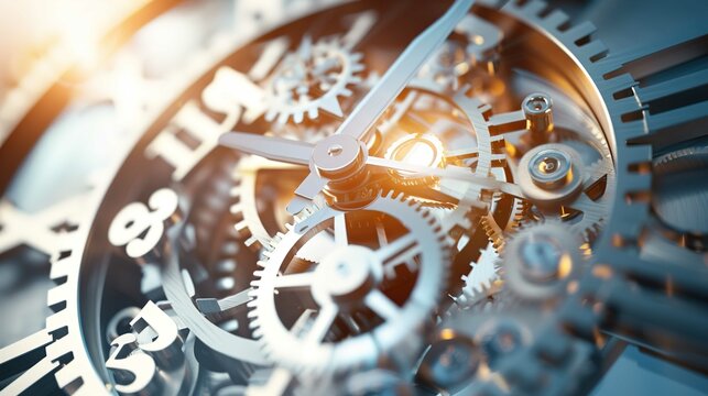The image displays a close-up view of the intricate inner workings of a mechanical watch or clock. The focus is on the various-sized gears and cogwheels that interlock and mesh together to drive the t