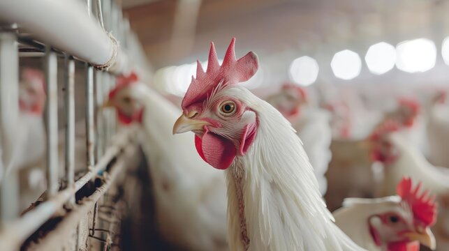 Close up view of white feather broiler chicken rooster inside modern chicken farm cage.