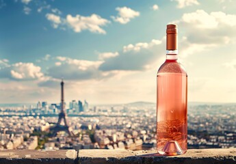 Product of rose wine bottle on the top with Paris as a background