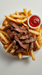 Fries with sliced steak and copy space