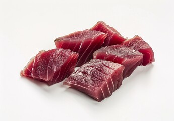 three pieces of tuna on a white surface