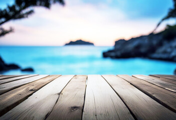 Fototapeta premium 'background blur landscape beach table wooden long advertising blank breakfast business cafes coast coconut hot drink concept client decoration design desk display empty evening food island'