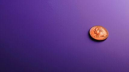 Single penny on purple background, upper right - obrazy, fototapety, plakaty