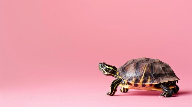 Turtle walks on plain pink background with ample space around it