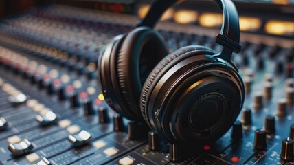 Fototapeta premium Professional headphones on mixing console in music studio