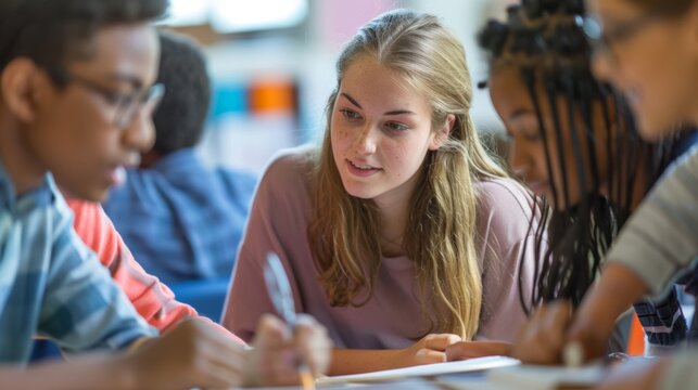 A classroom setting where students are working together in groups utilizing distributed cognition to work through a challenging academic problem..