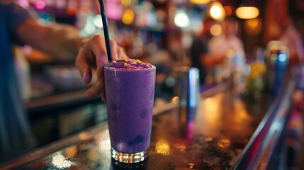 A bartender blending up a vibrant purple acai berry smoothie while patrons wait eagerly at the bar. - obrazy, fototapety, plakaty