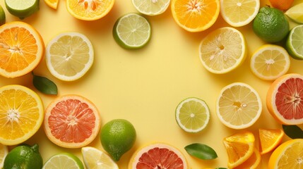 A composition of citrus fruits (lemons, limes, oranges) cut into slices generative ai