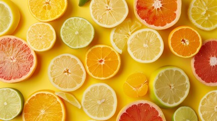 Fototapeta premium A composition of citrus fruits (lemons, limes, oranges) cut into slices generative ai