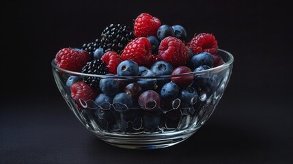 A composition of forest fruits (blueberries, blackberries, raspberries) arranged in a glass container generative ai