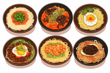 korean side dishes, banchan, korean food, clip art, sticker set, white background, anime drawing, realistic, isolated, separated